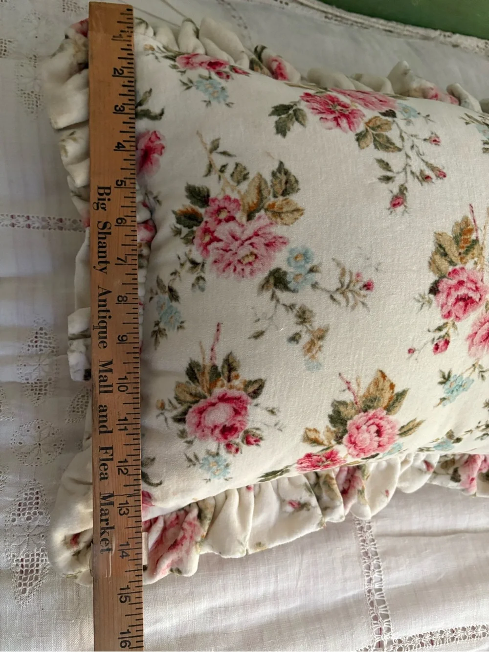Floral Ruffle Accent Pillow in Cream and Pink